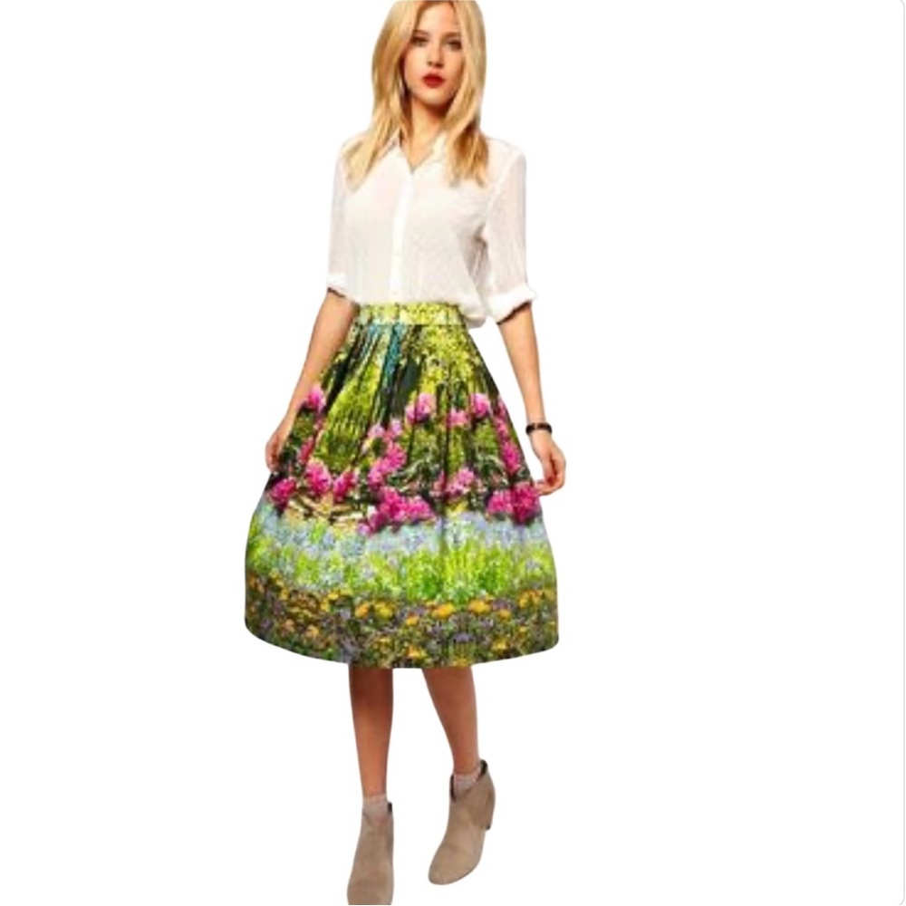 ASOS Floral Pleated Midi Skirt Romantic Artsy Art to Wear Garden‎ Party UK made